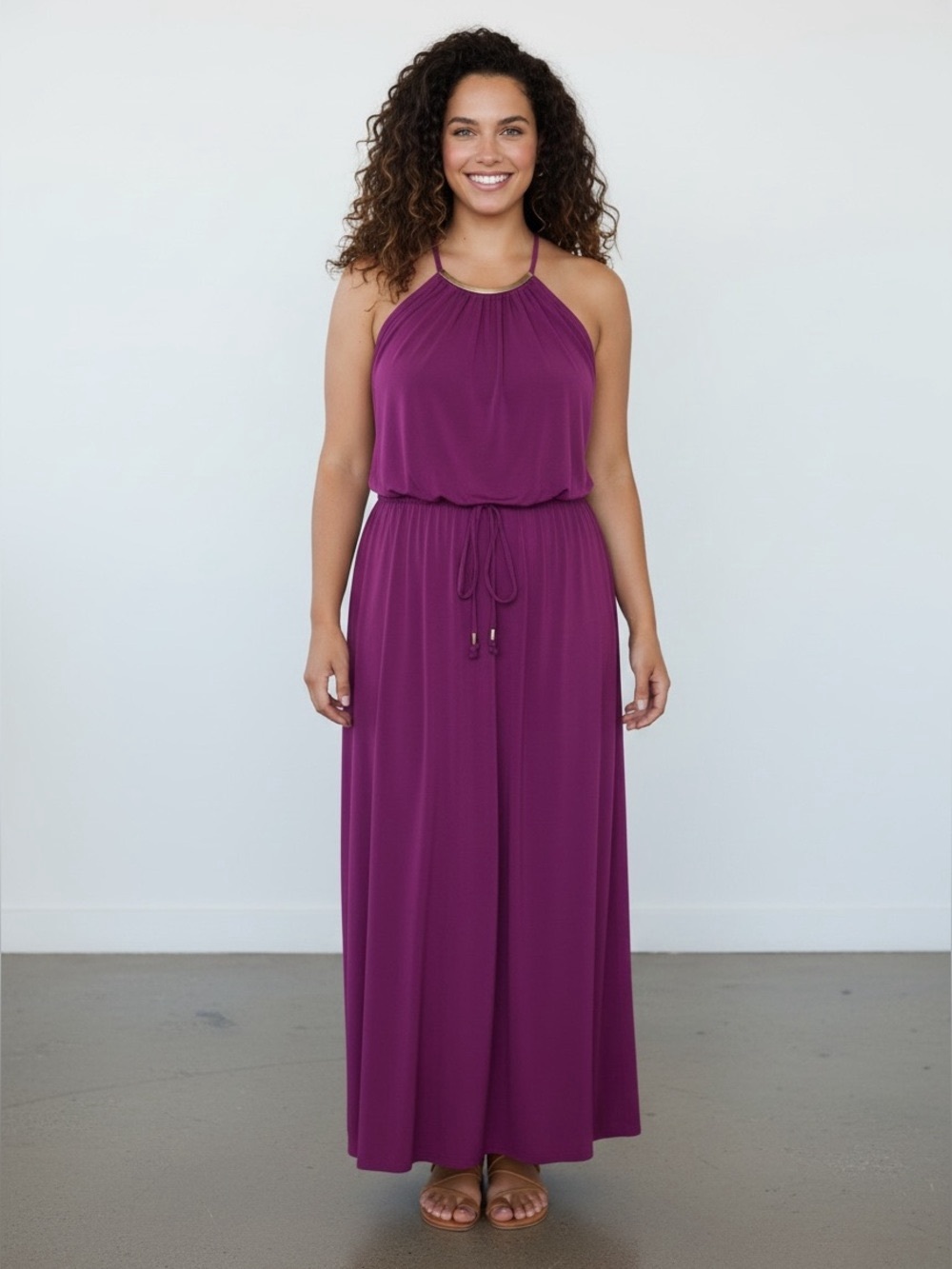 Lane Bryant Purple Halter Maxi Dress Elastic Tie Waist & Rose Gold Detail 22/24